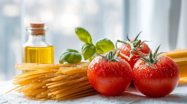 Fresh Ingredients for Italian Pasta Dish with Tomatoes, Olive Oil and Spaghetti Noodles for Delicious Culinary Preparation and Gourmet Cooking