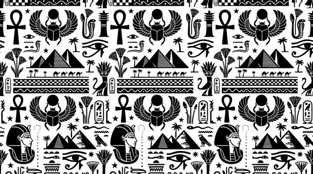 Ancient Egyptian Seamless Pattern with Pharaohs and Pyramids