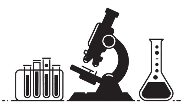 Black silhouette of laboratory equipment including microscope and beaker icons.