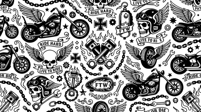Biker Seamless Pattern with Motorcycles and Skulls
