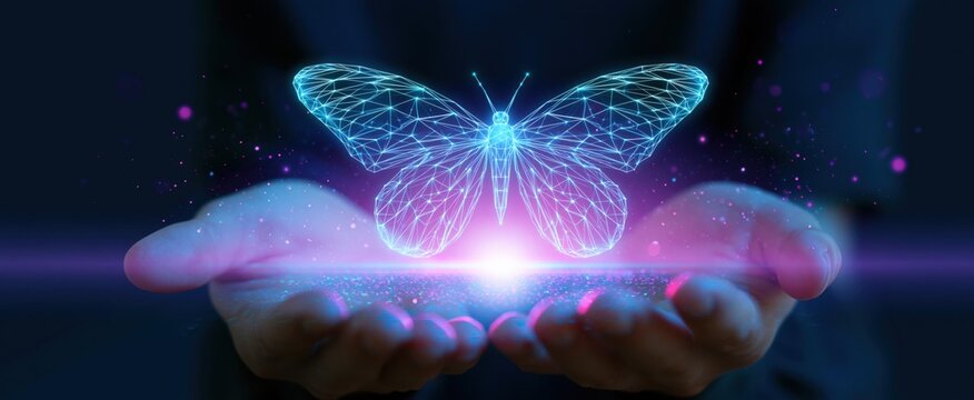 A radiant low-poly wireframe butterfly rises from open palms amid neon holographic light symbolizing AI innovation.