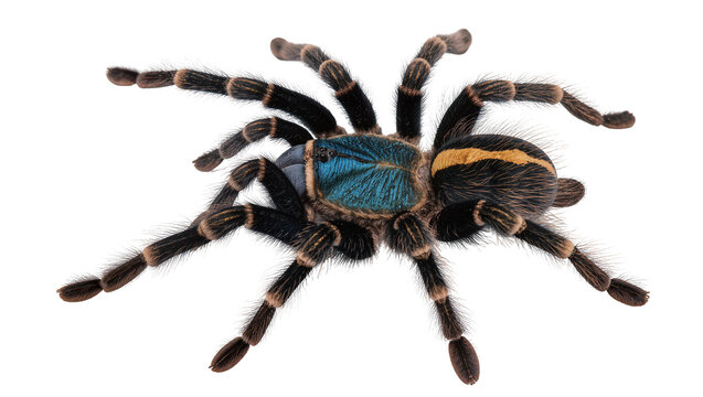 Blue and yellow striped tarantula spider with hairy legs
