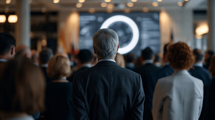Fototapeta premium Crowd of government officials and scientists at a bilateral technology summit examining quantum radar stealth detection prototype displays, flagged delegation tables visible in a