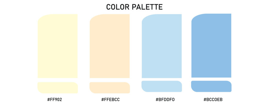 Minimalist summer pastel color palette featuring four vertical swatches and hex codes in soft yellow, warm beige, light sea breeze, and sky blue tones isolated on a white background.