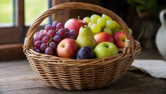 A tightly woven osier basket filled with fresh fruits, natural texture of willow.
