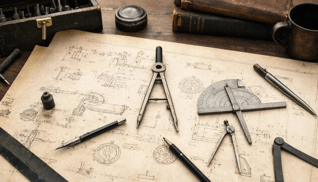Vintage engineering drafting tools including compasses, protractor, and pencils arranged on old architectural blueprints on a wooden table