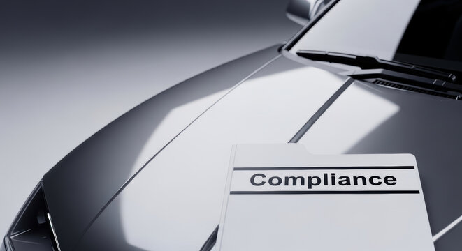 Compliance concept with autonomous vehicles regulation document on car hood