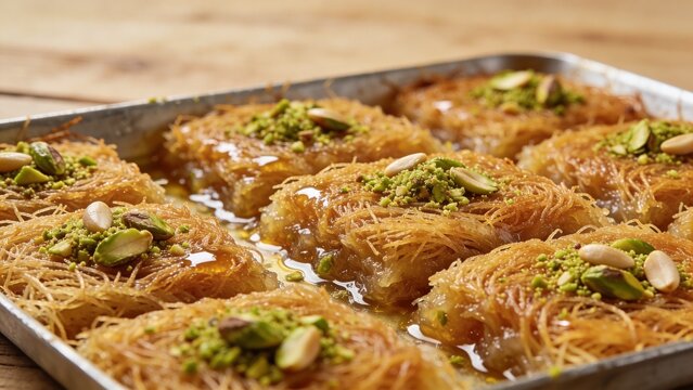 Middle Eastern dessert kunafa with pistachios and pine nuts, close-up food photography