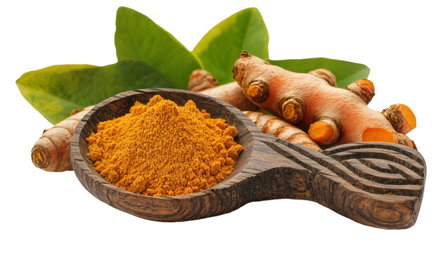 Turmeric roots and powder in wooden spoon with green leaves