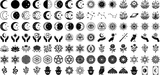 Fototapeta premium Celestial, moon phases, and spiritual alchemy icons collection