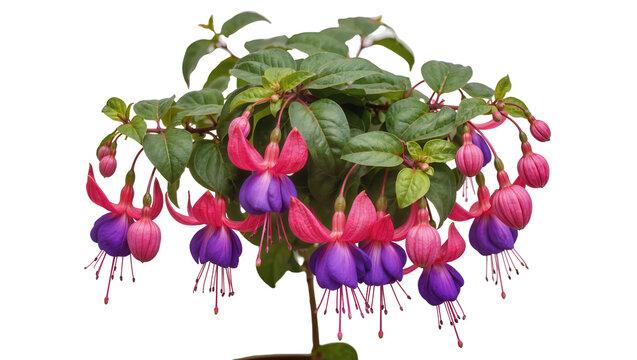 Fuchsia plant with pink and purple bell-shaped flowers and green leaves