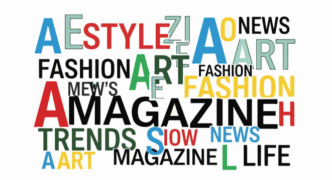 Collage of colorful words related to fashion, art, news, and lifestyle