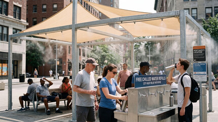 Obraz premium People gather at an outdoor public cooling station with misting nozzles and a water refill dispenser on a sunny day in an urban area, with city buildings in the background.