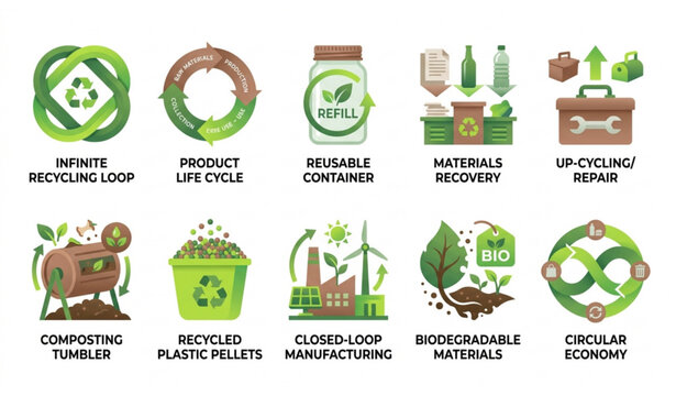 Circular Economy Recycling Loops and Zero Waste Principles Vector Icons