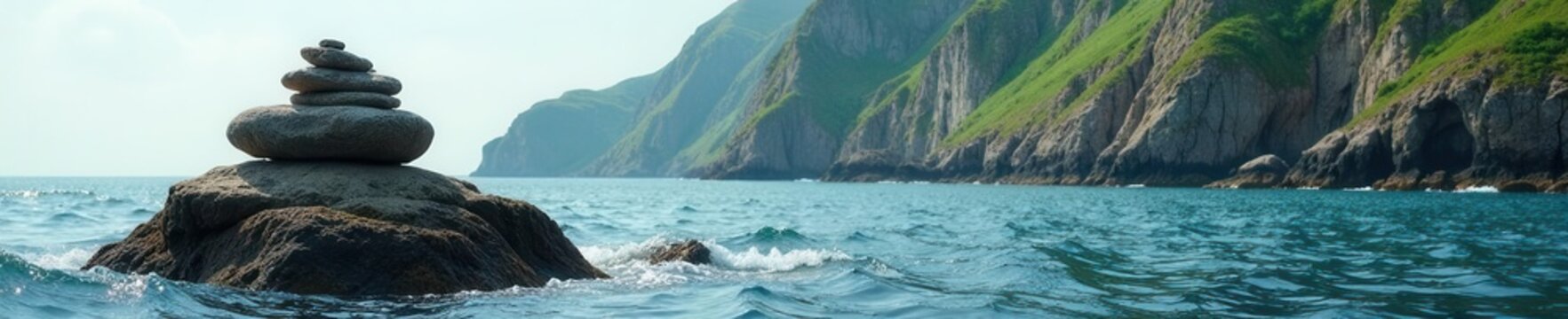 Isolated sea stack, rugged texture, green cliff backdrop, green, chunk