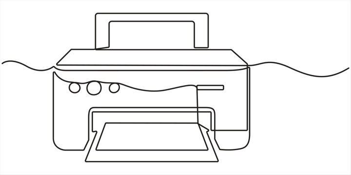 Printer continuous one line drawing. Vector electronic object isolated on white background. Device for printing paper. 