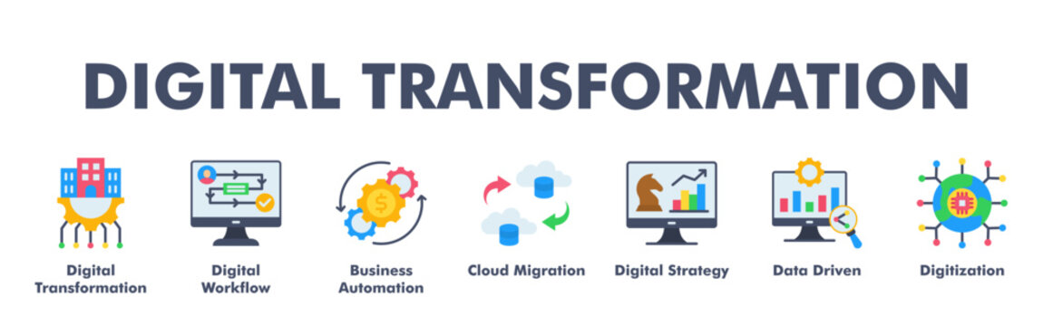 DIGITAL TRANSFORMATION web banner icon vector illustration concept with icon of Digital Transformation, Digital Workflow, Business Automation, Cloud Migration, Digital Strategy, Data Driven, Digitizat
