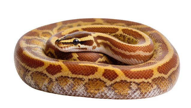 Coiled python snake with brown and yellow patterned scales