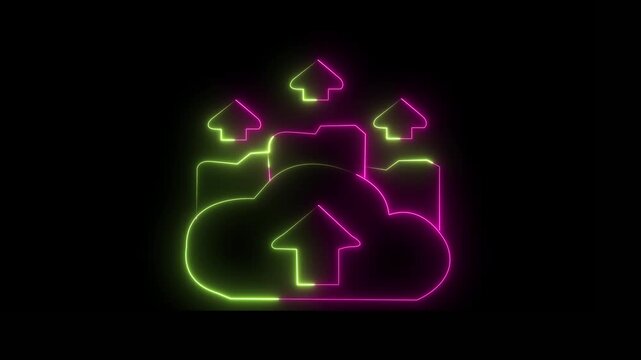 Digital cloud icon, data transfer animation Glowing neon cloud storage with arrows, looped animation. Cloud space technology, data backup