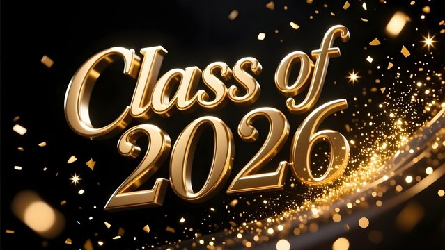 Class of 2026 graduation banner, elegant 3D gold lettering with sparkling confetti, festive celebratory background for senior students and graduates