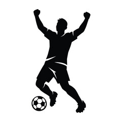 Soccer player celebrating a goal with a ball during a match in a triumphant pose isolated on white background