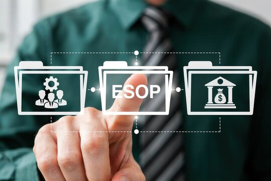 Businessman touching a virtual screen with an esop employee stock ownership plan icon