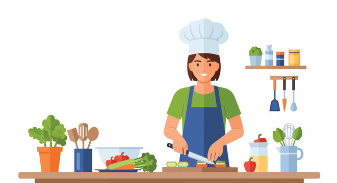 Teenage chef preparing healthy food in a modern kitchen, vector illustration