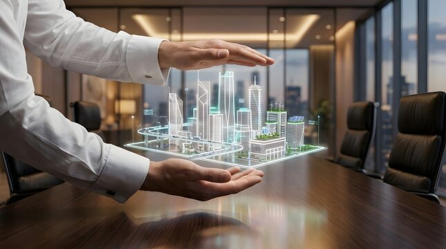 Businessman presenting virtual cityscape model in office
