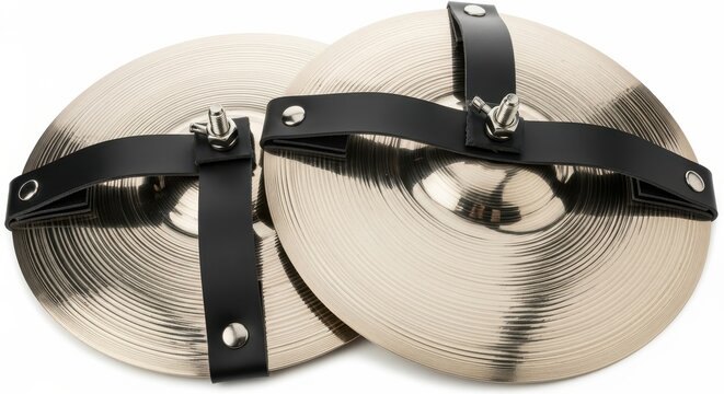 Pair of professional brass finger cymbals with black leather straps isolated on white. Ideal for belly dance and percussion music.