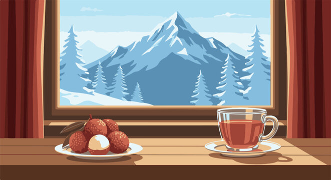 Cozy winter window view with fruit and warm drink