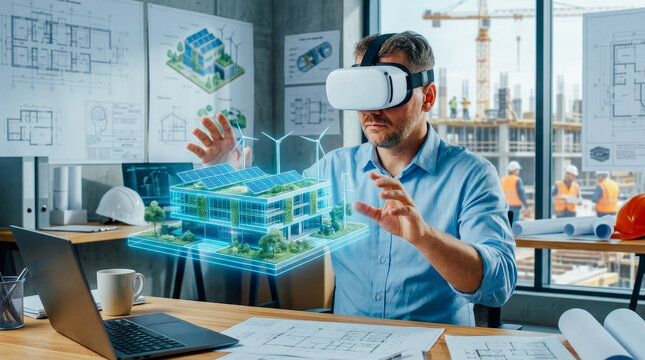 Architect visualizing sustainable building design in VR, inspecting virtual 3D model against construction site backdrop.