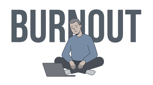 Illustration of a stressed young man sitting cross-legged with laptop displaying burnout expression on a plain white background