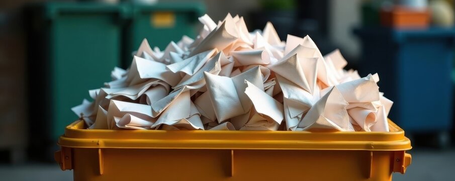 Large bin filled with compacted waste paper ready for transport , disposal, image