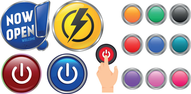 Power Button Open Sign and Blank User Interface Button Template Vector Set