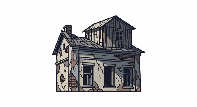Dilapidated two-story house with a dormer window and crumbling facade