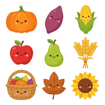 Smiling cartoon fruits and vegetables.