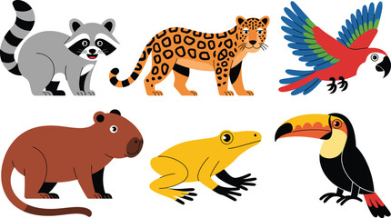 Obraz premium Flat cartoon illustration featuring diverse jungle animals including a raccoon, jaguar, macaw, capybara, frog, and toucan, isolated on white, conveying a playful wildlife theme.