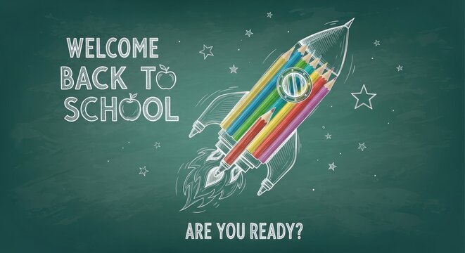 Back to school colorful pencil rocket illustration on chalkboard for education learning concepts