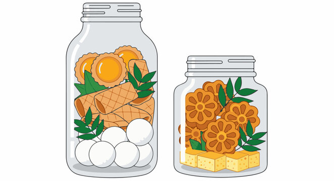 Two glass jars filled with assorted cookies, wafer rolls, and cheese cubes