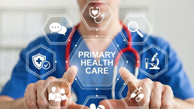 Doctor touching a digital interface with primary health care icons representing medical services and diagnostics