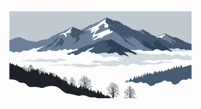 A stark pixelated mountain range towers above a sea of clouds and bare trees