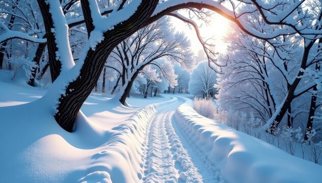 Twisted branches arch over a snow-muffled trail, obscuring the way , dark, night, scene