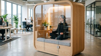Fototapeta premium Tech worker meditating inside acoustic office wellness pod