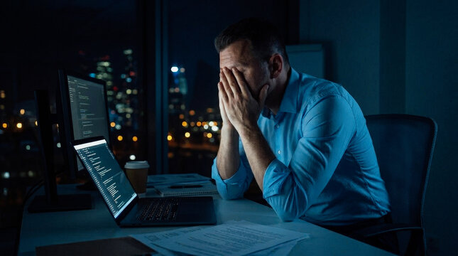 Overworked businessman with tired face massaging temples at desk in dark office, city lights visible through window