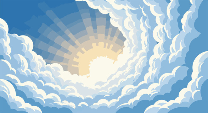 Pixelated sun rays burst through dramatic, voluminous clouds in a sky of blue