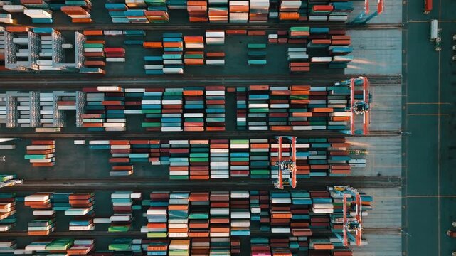 Cargo containers in Port of Los Angeles container terminal view from above showing global trade logistics