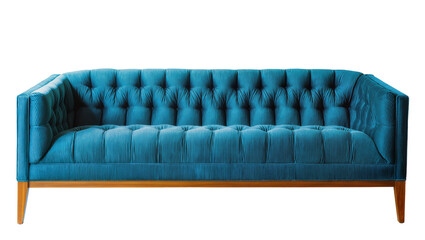 Naklejka premium Tufted teal velvet sofa with wooden legs