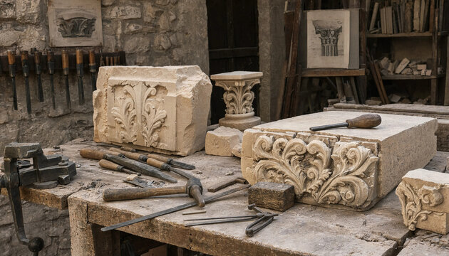 Stone masonry workshop with carved decorative architectural blocks, metal chisels, and drafting tools on a weathered wooden workbench surface