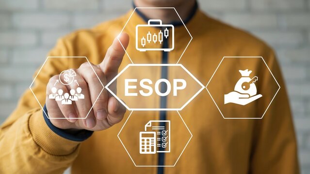 Businessman touching a digital interface with esop employee stock ownership plan icons
