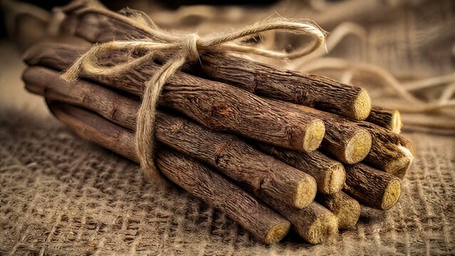longitudinal. Bundle of dried licorice roots on burlap fabric, textural detail. gardening catalogs, home-decor guides, designed for gardening and botanical catalogs, used by art directors.